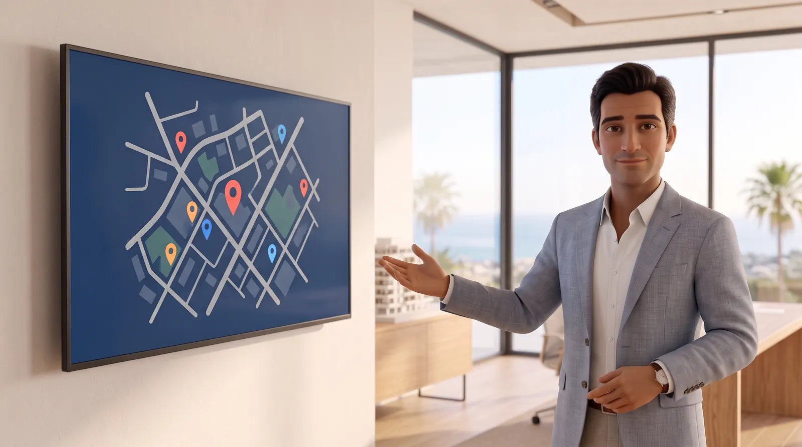 Marco señala una pantalla con el mapa del entorno